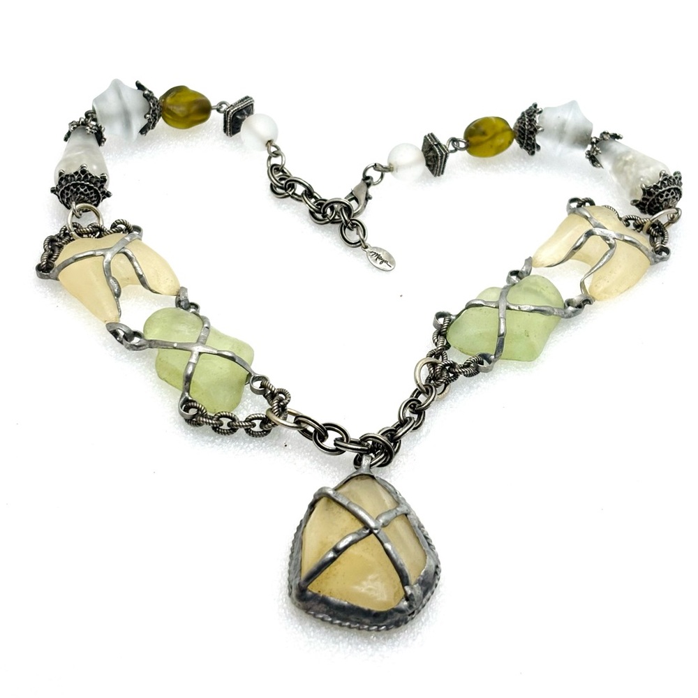 Maya Evangelista Necklace Natural Stone, Resin, Beads, Antiqued Silver Chain 20" - Picture 4 of 4